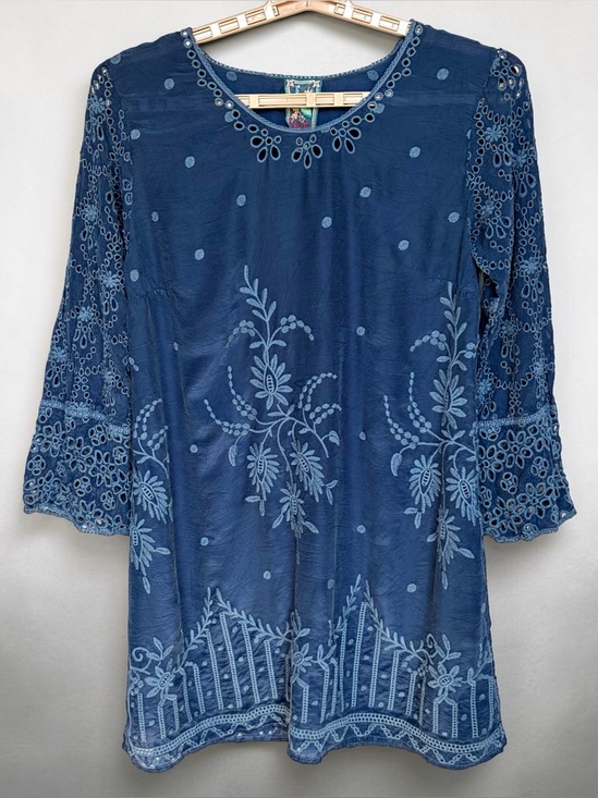 Johnny Was Dresses & Skirts - Johnny Was Conner Dress Sz M Indigo Blue Floral Eyelet Embroidered Boho Chic